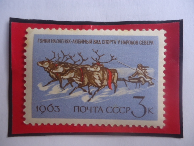 URSS-Unión Soviética- Carrera de Renos - Deportes nacionales-Sello de 3 Kopek Ruso, año 1963.
