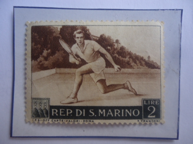 Tenis Profesional - Eventos Deportivos en San Marino - Sello de 2 Lira de Sn. Marino, año 1953.