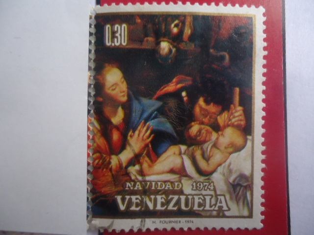 Navidad 1974- Adoración de los Pastores- Oleo del Pintor Español June Batista Mayno (1649-1713)