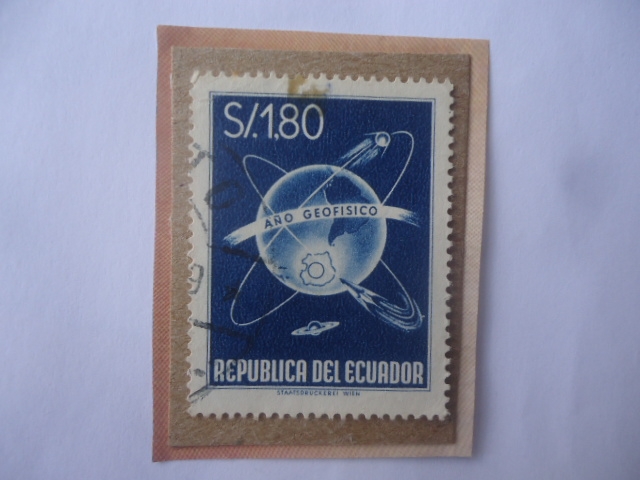 Año Geofisico-GloboTerráqueo con Orbitas del Satélite Ruso Sputnik (Año 1957)-Sello de 1,80 Sucre Ec