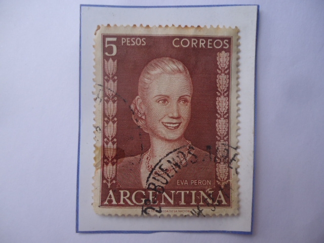 Eva Perón (1919-1952)-(También llamada:Eva María Duarte  de Perón)-Sello 5 m$n peso nacional argenti