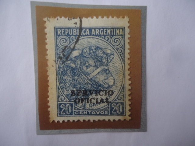 Toro-Cría de Ganado-Serie:Oficial -Sello Azul Oscuro de 20 Ctvs. Año 1951