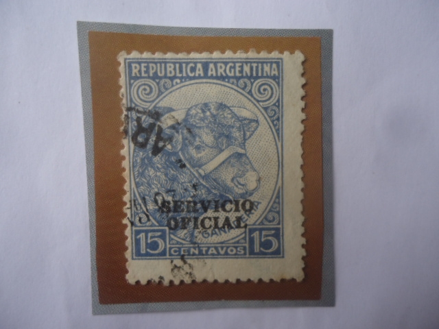 Toro-Cría de Ganado-Serie:Oficial -Sello Azul Oscuro de 15 Ctvs. Año 1938