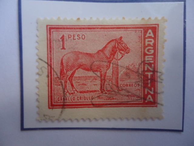 Caballo Criollo (Aquus ferus caballus)-Sello de 1 -m$n Peso Nacional Argentino, Año 1959.