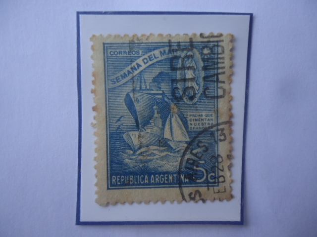 Semana del Mar- 2 Barcos y Velero- Sello de 5 Ct. año 1944- 