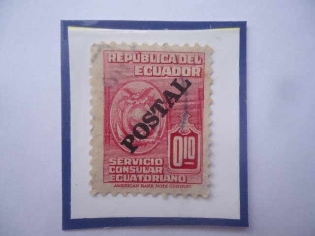 Timbre Servicio Consular Ecuatoriano a Sello Postal- Sello de 0,10$ Ctvs. EE.UU año 1954.