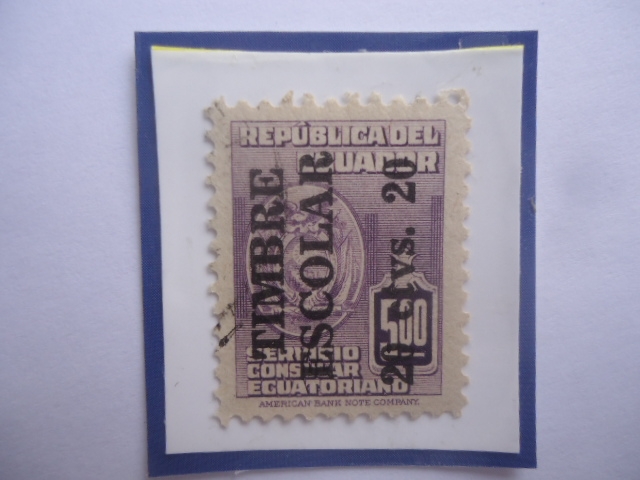 Timbre Escolar-Tax Obligatorio-Educación- Sello Sobrestampado de 20 Ctvs. Sobre 5$, año, 1951.