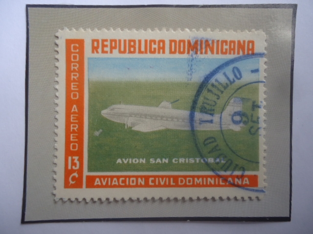 Avión San Cristóbal-Aviación Civil Dominicana- Sello de 13 Ctvs. Año 1960. 