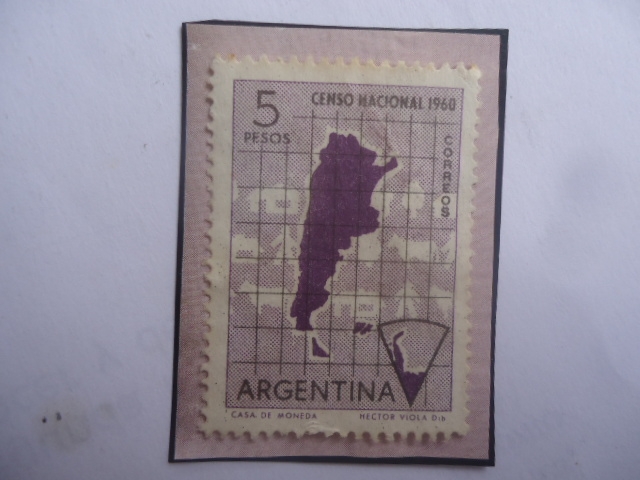 Censo Nacional 1960- Mapa Rep. de Argentina- Serie: Censo de Población- Sello de 5 pesos, año 1960.