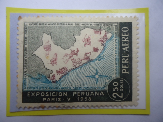 Exposición Peruana- Paris 1958- Perú Mostrando Productos Nacionales- Sello de 2,50 Soles. Año 1958.