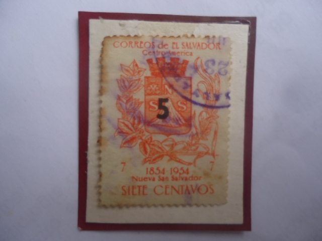 100 Años Nueva San Salvador (1854-1954)- Sello Sobretasa de 5Ct sobre 7Ct.Añoi 1958.