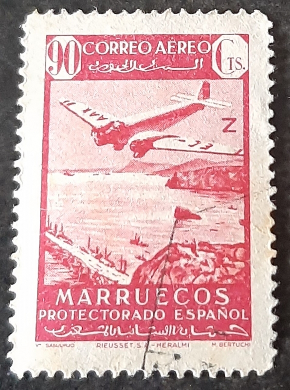 Marruecos español. Paisaje y avión en vuelo. Villa Sanjurjo