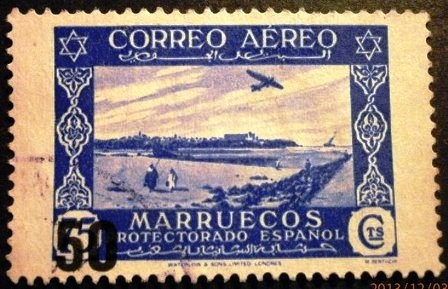 Marruecos español. Sello de 1938 con nuevo valor en habilitación