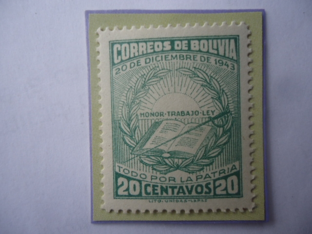 Revolución del 20 de Diciembre 1943-Honor-Trabjo- Ley- Emblema-Sello de 20 Ct.Año 19419434.