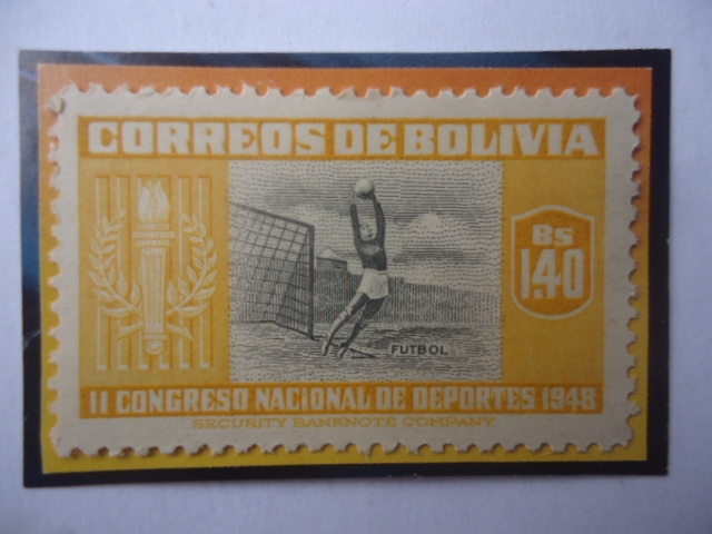 Futbol - II Congreso Nacional de Deportes, 1948- Sello de Bs 1,40 del año 1951 .