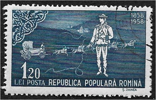 100 años de sellos rumanos, cochero de escenario delante del coche de correo