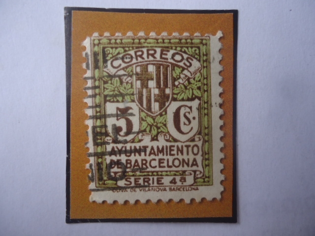 Ed:Es BA12- Ayuntamiento de Barcelona- Sello de 5 Céntimo Español. Año 1932-Serie:Ayuntamiento de Ba