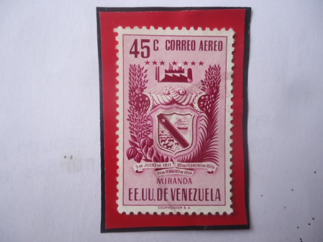 EE.UU. de Venezuela- Estado Miranda - Sello de 45 Céntimos, año 1952.