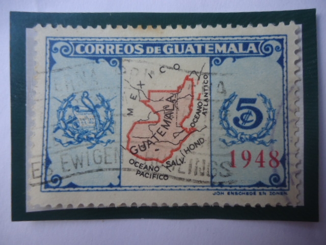 Mapa de Guatemala - Sello de 5 Ctvs. Guatemaltecos. Año 1948