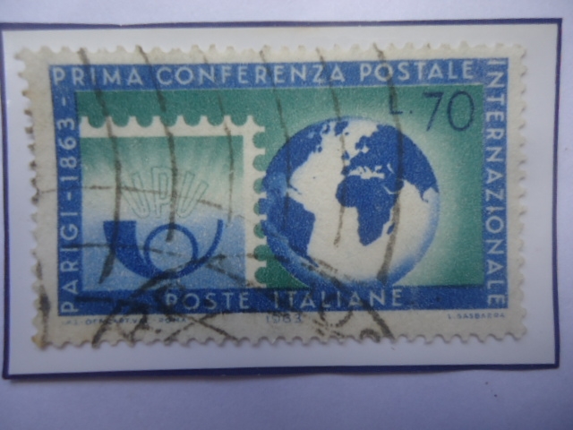 Sello con Cuerno y Globo dentro de otro Sello- Cent. Primera Conferencia Postal Internacional 1963.