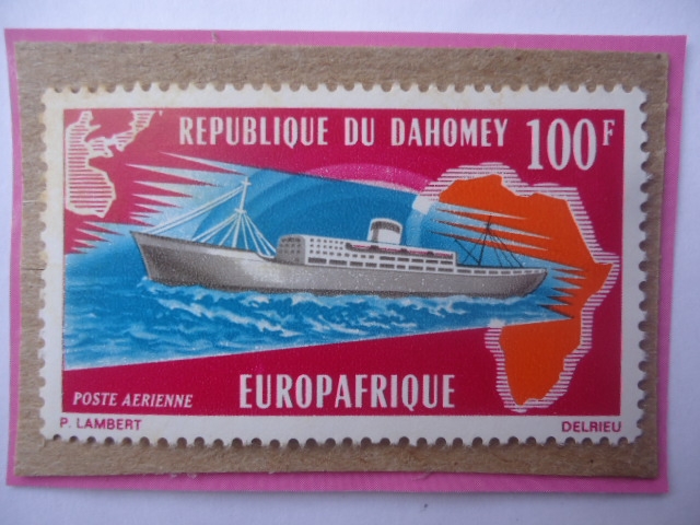 Republica Du Dahomey-Transatlántico-Mapa de Europa y África-Sello de 100 Franco África-Occidental.