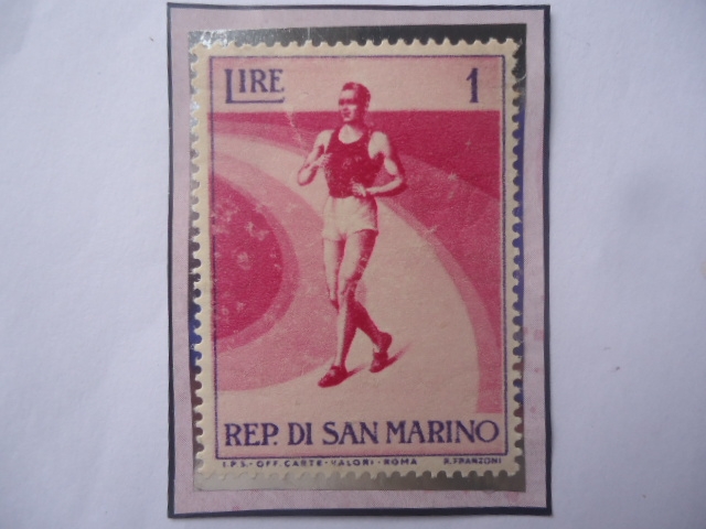 Atletismo - Serie: Eventos Deportivos en San Marino- Sello de 1 Lira de San Marino.