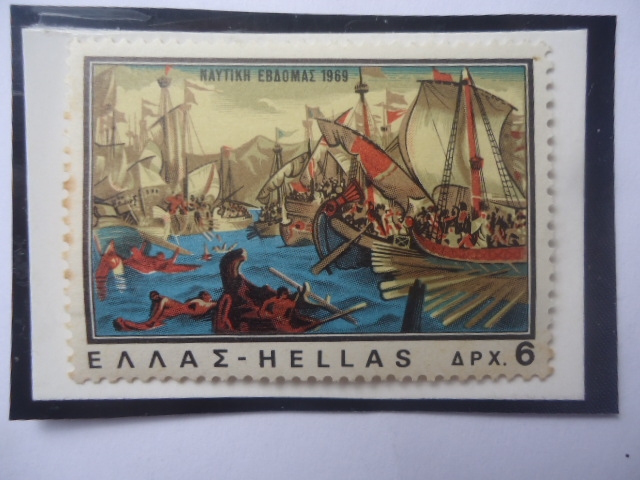 Batalla Naval de Salamina (480 a.C)-Pintura de Constantine Volonakis (1837-1907)- Año de la Marina M