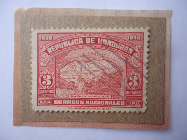 Mapa de Honduras - Sello de 3 Ctvos Hondureño. Año 1939