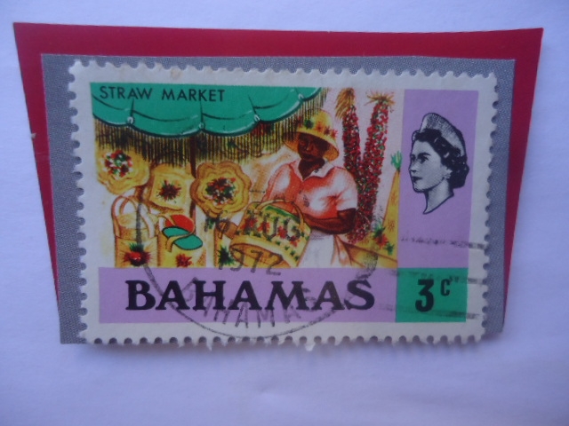 Straaw Market-Queen Elizabeth II-Artesanía de Paja-Sello de 3Ct. Bahameños.Año 1971.