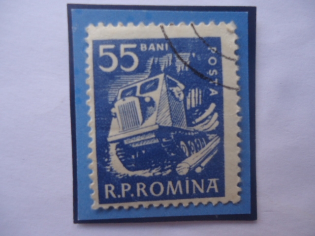 Tractor- Transporte de Madera - Sello de 55 Ban Rumano, del año 1960.