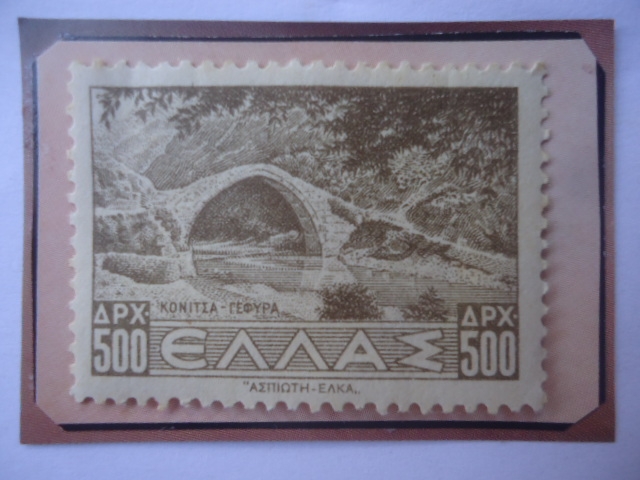 Puente Viejo de Konitsa, sobre el río Viosa- Sello de 500 Dracma Griego, año 1944.