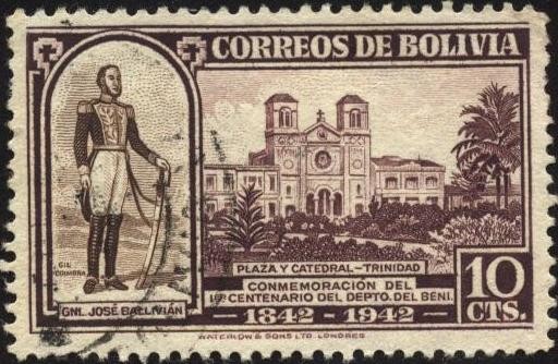 Centenario del departamento Del Beni. General José Ballivián, plaza y catedral Trinidad.