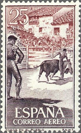 ESPAÑA 1960 1266 Sello Nuevo Fiesta Nacional Tauromaquia Toros en el Pueblo Correo Aereo