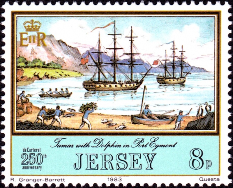 250 aniversario del nacimiento de Philippe de Carteret, 1733-1797, HMS Tamar con HMS Dolphin en Port