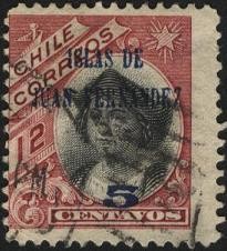 Cristóbal Colón. 1905 12 centavos. Sobreimpreso ISLAS DE JUAN FERNÁNDEZ 1910. Sobretasa 5 centavos.
