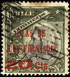 Cristóbal Colón . Sobreimpreso ISLAS DE JUAN FERNÁNDEZ 1910. Sobretasa 20 Centavos.