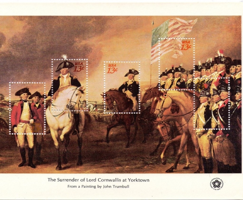 Ediciones del Bicentenario Americano: Hojas de recuerdo. Rendición de Cornwallis en Yorktown, por Jo