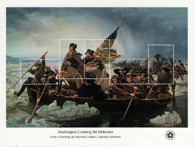 Ediciones del Bicentenario Americano: Hojas de recuerdo. Washington cruzando el Delaware, por Leutze
