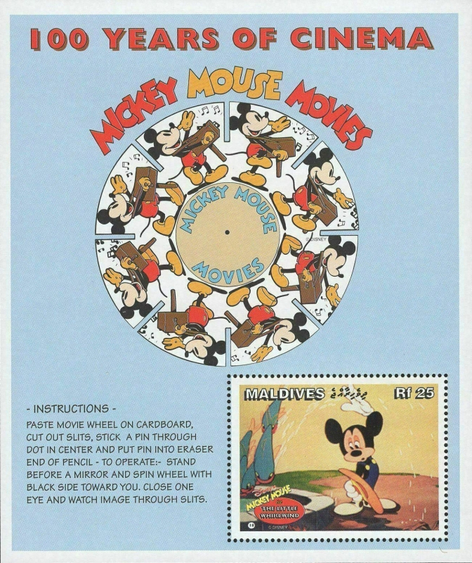 SELLOS TEMA CINE. MALDIVAS 1996 HB368 2MH DISNEY MICKEY MOUSE 100 AÑOS CINEMA