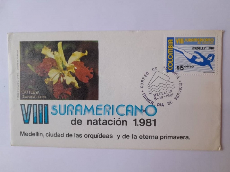 VIII Suramericano de Natación- Medellín 1981- Correo Primer Día de Servicio- 5-VI-81