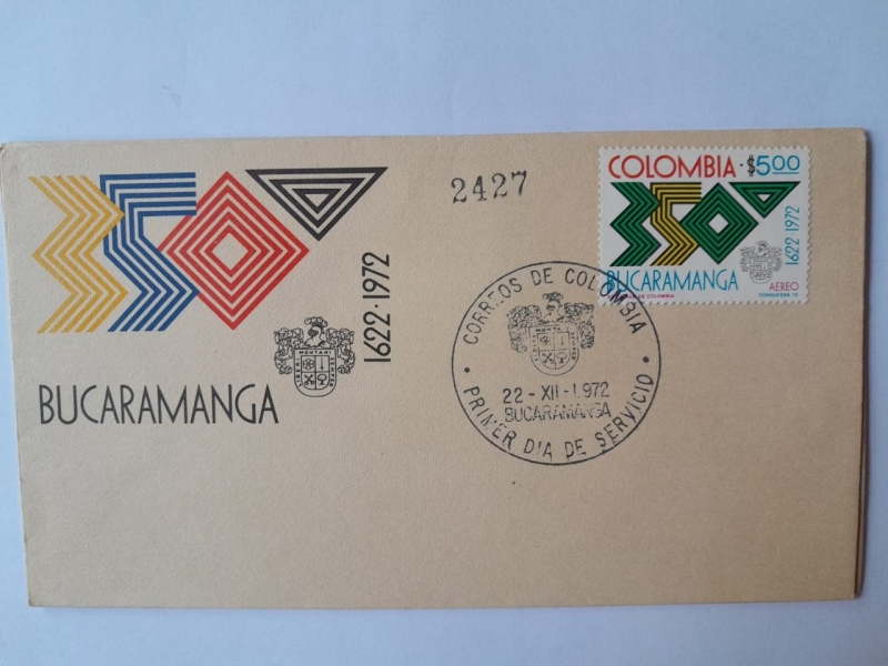 350 Aniversario (1622-1972)- Fundación de Bucaramanga- Correo Primer Día de Servicio 22-XII-1972.