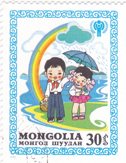 Niños bajo paraguas y arco iris