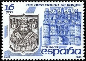 ESPAÑA 1984 2743 Sello Nuevo MC Aniversario de la Ciudad de Burgos Arco de Sta. Maria y Escudo Yvert