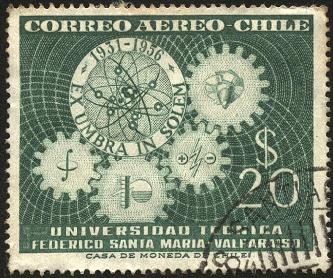 Representación del átomo, lema de la Universidad Técnica Federico Santa María, en latín. 25 años.