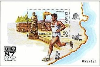 ESPAÑA 1987 2918 Sello Nuevo HB Exposición Filatélica Nacional EXFILNA 87 Atleta con Antorcha Olimpi