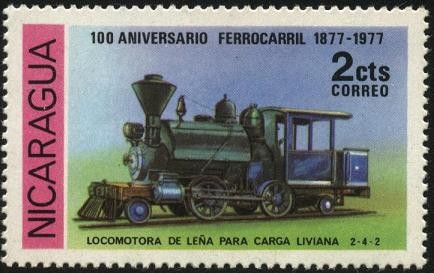 100 años del ferrocarril. 1877 - 1977. Locomotora de leña para carga liviana.