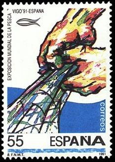 ESPAÑA 1991 3133 Sello Nuevo Exposición Mundial de Pesca Logo y Manos recogiendo una red Michel3007