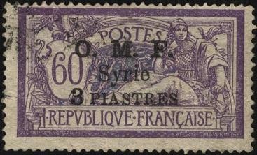 Sello de Francia sobreestampado O.M.F. Syrie 3 piastres.