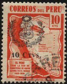 Mapa de Perú con las carreteras en los Andes, las de mayor altura en el mundo. 1938 10 centavos. Sob