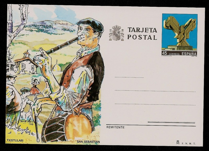 Tarjeta entero Postal -  San Sebastián - Txistulari + la Paloma de la Paz